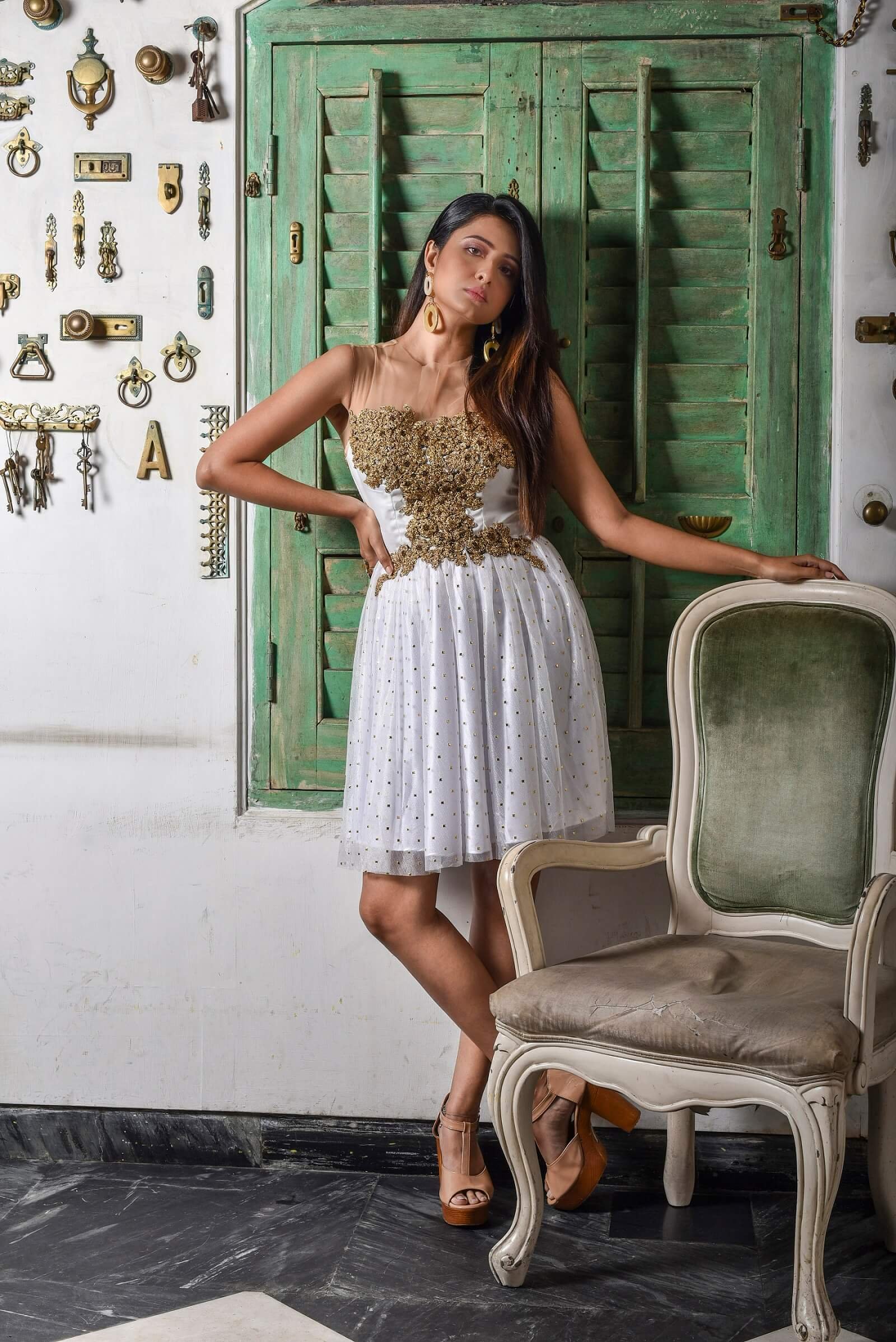 Golden and white embroidered dress