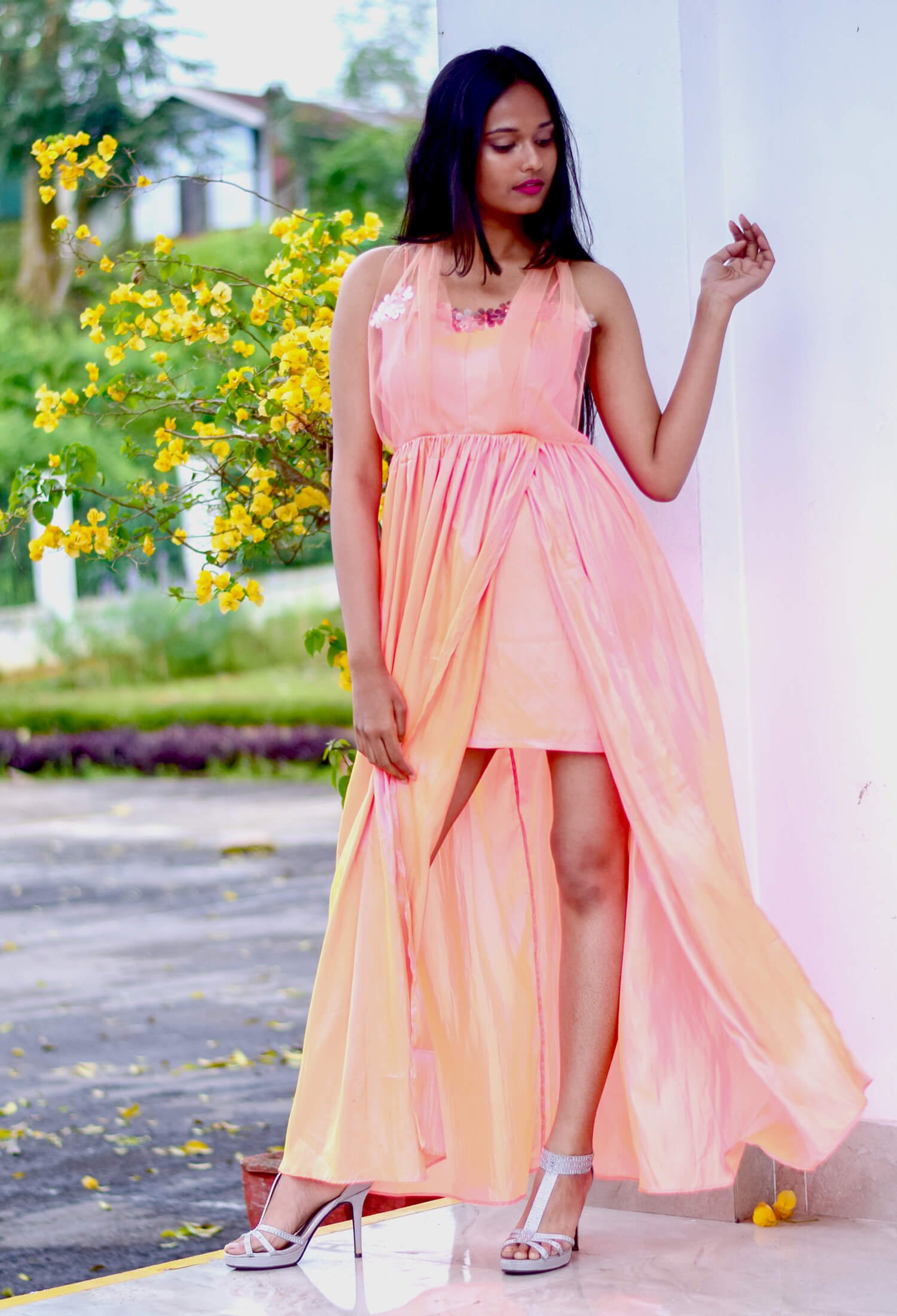 Peach high slit dress 2